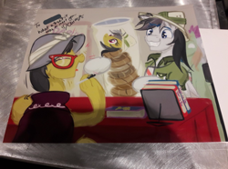 Size: 1032x768 | Tagged: safe, artist:frist44, imported from derpibooru, a.k. yearling, daring do, oc, oc:dreamy daze, pony, autograph, body pillow, book, chiara zanni, convention, daring daki, daring do book, daring do books, daring do cosplay, daring do costume, glasses, hat, laughing, marker, photo, pith helmet, signature