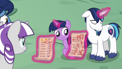 Size: 1920x1080 | Tagged: safe, imported from derpibooru, screencap, night light, shining armor, twilight sparkle, twilight velvet, pony, sparkle's seven, female, filly, filly twilight sparkle, written equestrian, younger