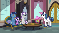 Size: 1920x1080 | Tagged: safe, imported from derpibooru, screencap, night light, shining armor, spike, twilight sparkle, twilight velvet, sparkle's seven, baby, baby spike, female, filly, filly twilight sparkle, lamp, lampshade, younger