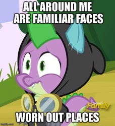 Size: 500x549 | Tagged: safe, edit, edited screencap, imported from derpibooru, screencap, spike, dragon, sparkle's seven, caption, clothes, costume, cropped, dangerous mission outfit, denied, discovery family logo, goggles, hoodie, hug denied, image macro, lyrics, mad world, male, rejected, rejection, sad, solo, text