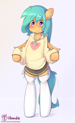 Size: 1066x1755 | Tagged: safe, artist:hoodie, imported from derpibooru, oc, oc only, oc:mango foalix, pegasus, semi-anthro, bipedal, blushing, clothes, cute, female, heart, hoodie, mare, miniskirt, moe, pleated skirt, skirt, socks, solo, thigh highs