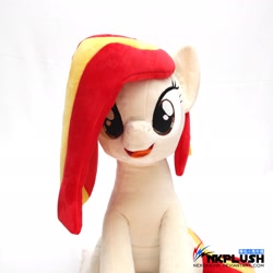 Size: 2048x2048 | Tagged: safe, artist:nekokevin, imported from derpibooru, oc, oc only, oc:poniko, earth pony, pony, female, irl, looking at you, mare, open mouth, photo, plushie, simple background, sitting, smiling, solo, watermark, white background