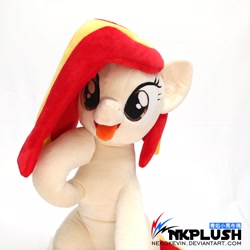 Size: 2048x2048 | Tagged: safe, artist:nekokevin, imported from derpibooru, oc, oc only, oc:poniko, earth pony, pony, female, irl, mare, photo, plushie, raised hoof, simple background, sitting, smiling, solo, watermark, white background