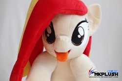 Size: 2048x1365 | Tagged: safe, artist:nekokevin, imported from derpibooru, oc, oc only, oc:poniko, earth pony, pony, close-up, female, irl, looking at you, mare, photo, plushie, raised hoof, simple background, smiling, solo, tongue out, watermark, white background