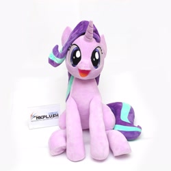 Size: 3456x3456 | Tagged: safe, artist:nekokevin, imported from derpibooru, starlight glimmer, pony, unicorn, series:nekokevin's glimmy, female, irl, looking at you, mare, open mouth, photo, plushie, simple background, sitting, smiling, solo, underhoof, watermark, white background