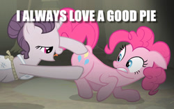Size: 1200x753 | Tagged: safe, edit, edited screencap, imported from derpibooru, screencap, pinkie pie, sugar belle, earth pony, pony, unicorn, the cutie map, butt touch, caption, image macro, meme, personal space invasion, pun, text