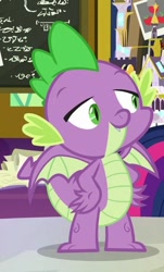 Size: 321x530 | Tagged: safe, imported from derpibooru, screencap, spike, twilight sparkle, alicorn, dragon, sparkle's seven, claws, cropped, male, offscreen character, smiling, solo focus, twilight sparkle (alicorn), winged spike, wings