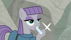 Size: 1920x1080 | Tagged: safe, imported from derpibooru, screencap, maud pie, earth pony, pony, sparkle's seven, bakusai tenketsu, chalk, discovery family logo, female, mare, mouth hold, rock, solo, x, x gon'give it to ya, x marks the spot (directions)