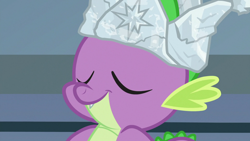 Size: 1920x1080 | Tagged: safe, imported from derpibooru, screencap, spike, sparkle's seven, crown, cute, eyes closed, hard-won helm of the sibling supreme, male, smug, solo, spikabetes