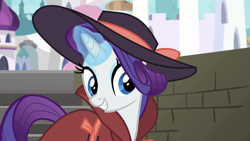 Size: 1920x1080 | Tagged: safe, imported from derpibooru, screencap, rarity, pony, unicorn, sparkle's seven, clothes, cute, detective rarity, female, glowing horn, hat, mare, raribetes, smiling, solo