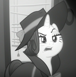 Size: 779x784 | Tagged: safe, imported from derpibooru, screencap, rarity, pony, unicorn, season 9, sparkle's seven, spoiler:s09, cropped, detective rarity, female, hat, mare, noir, solo