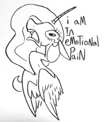 Size: 1048x1163 | Tagged: safe, artist:smirk, imported from derpibooru, princess celestia, alicorn, pony, crying, dialogue, doodle, female, monochrome, solo, tears of pain