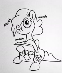 Size: 1511x1791 | Tagged: safe, artist:smirk, imported from derpibooru, oc, oc only, oc:mutter butter, pony, crackers, eating, food, monochrome, snack, solo, whiteboard