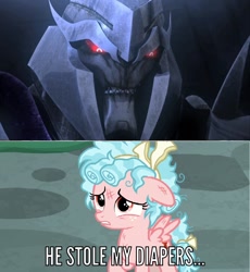 Size: 1190x1296 | Tagged: safe, deleted from derpibooru, edit, edited screencap, imported from derpibooru, screencap, cozy glow, school raze, megatron, messy mane, scratches, transformers, transformers prime