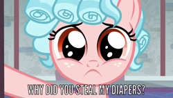 Size: 1280x720 | Tagged: safe, deleted from derpibooru, edit, edited screencap, imported from derpibooru, screencap, cozy glow, pony, big eyes, female, filly, looking at you, sad, solo
