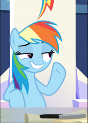 Size: 616x856 | Tagged: safe, imported from derpibooru, screencap, rainbow dash, pegasus, pony, sparkle's seven, cropped, faic, female, friendship throne, lidded eyes, mare, raised eyebrow, raised hoof, smiling, smirk, smug, smugdash, solo, underhoof