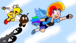 Size: 1419x800 | Tagged: safe, artist:zer0cute, imported from derpibooru, rainbow dash, human, koopa paratroopa, equestria girls, bullet bill, clothes, crossover, fingerless gloves, flying, gloves, goomba, humanized, nintendo, paratroopa koopa, pegasus wings, shoes, sneakers, super mario bros., winged humanization, wings