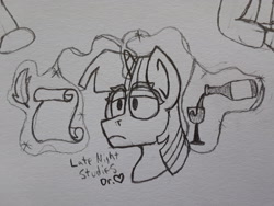 Size: 2576x1932 | Tagged: safe, artist:drheartdoodles, imported from derpibooru, twilight sparkle, alcohol, bored, bust, cup, drinking, frown, glowing horn, inappropriate use of magic, levitation, lidded eyes, lineart, magic, monochrome, multitasking, offscreen character, paper, portrait, quill, studying, telekinesis, text, wine, writing