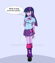 Size: 600x690 | Tagged: dead source, safe, artist:peribooty, imported from derpibooru, twilight sparkle, human, equestria girls, abstract background, bimboification, clothes, cute, deviantart watermark, dialogue, female, incentive drive, leg warmers, miniskirt, obtrusive watermark, open mouth, pleated skirt, shoes, skirt, smiling, solo, speech bubble, standing, watermark