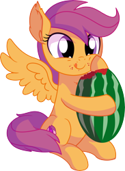 Size: 5815x7950 | Tagged: safe, artist:cyanlightning, imported from derpibooru, scootaloo, pegasus, pony, .svg available, absurd resolution, chest fluff, cute, cutealoo, ear fluff, eating, female, filly, food, hair, herbivore, simple background, sitting, solo, tongue out, transparent background, vector, watermelon