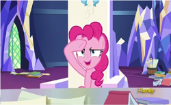 Size: 908x558 | Tagged: safe, imported from derpibooru, screencap, pinkie pie, pony, sparkle's seven, book, discovery family logo, female, friendship throne, mare, salute, solo, throne room, twilight's castle