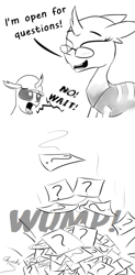 Size: 1250x2551 | Tagged: safe, artist:chopsticks, imported from derpibooru, oc, oc only, oc:berzie, oc:stainless key, changedling, changeling, changedling oc, changeling oc, comic, cute, dialogue, funny, glasses, hard hat, meta, monochrome, text, warning