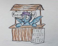 Size: 1280x1004 | Tagged: safe, artist:bitgamer, imported from derpibooru, oc, oc only, oc:quick draw, pony, vampony, bat wings, colored pencil drawing, facial hair, goatee, kissing booth, male, sign, solo, traditional art, wings