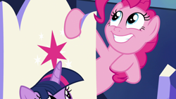 Size: 1920x1080 | Tagged: safe, imported from derpibooru, screencap, pinkie pie, twilight sparkle, alicorn, earth pony, pony, the beginning of the end, friendship throne, solo focus, twilight sparkle (alicorn)