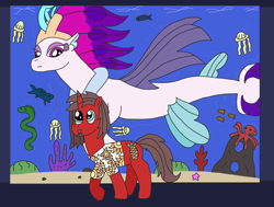 Size: 3281x2483 | Tagged: safe, artist:supahdonarudo, imported from derpibooru, queen novo, oc, oc:ironyoshi, eel, fish, jellyfish, octopus, seapony (g4), my little pony: the movie, aquarium, clothes, coral, looking at each other, rock, shirt, swimming, walking