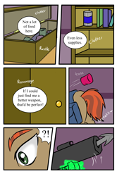 Size: 2022x3038 | Tagged: safe, artist:jolliapplegirl, imported from derpibooru, oc, oc:copper wheel, pony, unicorn, comic:dusk rebellion, dark star au, alternate timeline, alternate universe, book, comic, crystal war timeline, dialogue, harpoon gun, solo