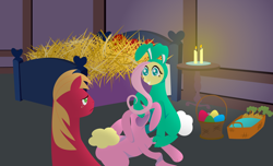 Size: 2300x1400 | Tagged: safe, anonymous artist, imported from derpibooru, big macintosh, fluttershy, series:fm holidays, animal costume, basket, bed, big macintosh is not amused, bunny costume, candle, candlelight, carrot, clothes, costume, easter egg, female, fluttermac, food, hay, hoof hold, innocent, lineless, male, no pupils, shipping, smiling, straight, unamused