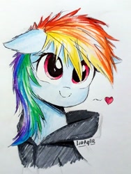 Size: 1983x2644 | Tagged: safe, artist:liaaqila, imported from derpibooru, rainbow dash, pony, bust, clothes, cute, dashabetes, female, floppy ears, hoodie, mare, messy mane, portrait, smiling, solo, traditional art