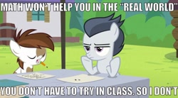 Size: 1024x565 | Tagged: safe, edit, edited screencap, imported from derpibooru, screencap, pipsqueak, rumble, earth pony, pegasus, pony, marks and recreation, barrel, caption, coat markings, colt, duo, eyes closed, foal, image macro, impact font, male, meme, mouth hold, pencil, pinto, shitposting, text