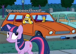 Size: 567x406 | Tagged: safe, imported from derpibooru, twilight sparkle, human, pony, unicorn, caption, car, comments locked down, homer simpson, image macro, marge simpson, meme, text, the simpsons, this will end in tears, unicorn twilight