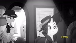 Size: 1920x1080 | Tagged: safe, imported from derpibooru, screencap, rainbow dash, rarity, pegasus, pony, unicorn, season 9, sparkle's seven, spoiler:s09, bowler hat, detective rarity, discovery family, discovery family logo, hat, investigator dash, logo, monochrome, noir