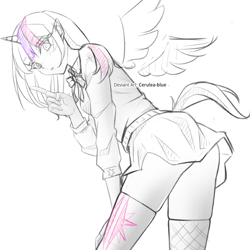 Size: 870x870 | Tagged: safe, artist:cerulea-blue, imported from derpibooru, twilight sparkle, twilight sparkle (alicorn), alicorn, human, ass, breasts, butt, clothes, female, floating wings, horned humanization, humanized, miniskirt, shirt, skirt, skirt lift, socks, solo, tailed humanization, thigh highs, thighs, watermark, winged humanization, wings, wip, zettai ryouiki