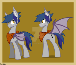Size: 1024x882 | Tagged: safe, artist:flylash1, artist:flylash6009, imported from derpibooru, oc, oc:flylash, bat pony, pony, bat pony oc, dark blue hair, fake cutie mark, gray coat, handkerchief, smiling
