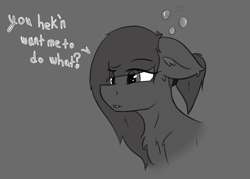Size: 2036x1458 | Tagged: safe, artist:scarrly, imported from derpibooru, bat pony, pony, dialogue, drunk, drunk bubbles, fangs, monochrome, ponytail, solo