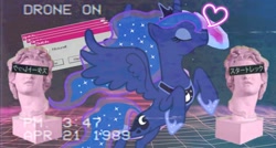 Size: 1983x1066 | Tagged: safe, imported from derpibooru, princess luna, alicorn, pony, aesthetics, censor bar, censored, ethereal mane, heart, hoof shoes, rearing, starry mane, vaporwave, vector, wallpaper