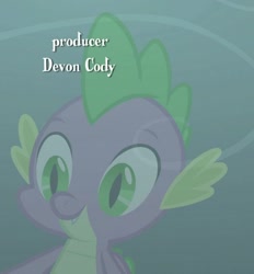 Size: 665x718 | Tagged: safe, imported from derpibooru, screencap, spike, dragon, uprooted, credits, devon cody, male, reflection, smiling, solo, text, winged spike, wings
