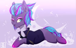 Size: 1280x800 | Tagged: safe, artist:tanalise, imported from derpibooru, oc, oc only, pony, unicorn, clothes, colored hooves, crescent moon, horn, moon, one eye closed, prone, transparent moon, unicorn oc, wink