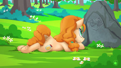 Size: 1920x1080 | Tagged: safe, artist:mysticalpha, imported from derpibooru, pear butter, earth pony, pony, brightbutter, carving, female, frog (hoof), looking at something, prone, rock, shipping, solo, straight, underhoof