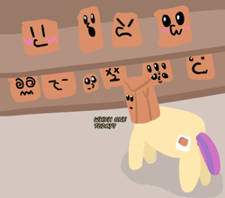 Size: 1000x883 | Tagged: safe, artist:artdbait, imported from derpibooru, oc, oc only, oc:paper bag, earth pony, pony, cute, expressions, ocbetes, paper bag, solo, tape, trypophobia