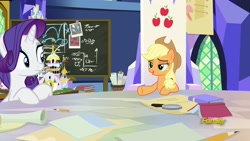 Size: 1920x1080 | Tagged: safe, imported from derpibooru, screencap, applejack, rarity, earth pony, pony, unicorn, sparkle's seven, book, chalkboard, cutie map, friendship throne