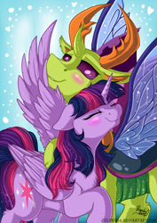 Size: 1024x1449 | Tagged: safe, artist:julunis14, imported from derpibooru, thorax, twilight sparkle, alicorn, changedling, changeling, pony, antlers, blushing, chest fluff, chin fluff, eyes closed, female, heart, hoof fluff, king thorax, leg fluff, male, mare, shipping, smiling, spread wings, straight, twilight sparkle (alicorn), twirax, wing fluff, wings