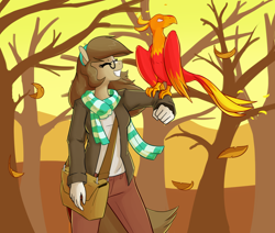 Size: 1392x1180 | Tagged: safe, artist:whatsapokemon, imported from derpibooru, oc, oc only, oc:wishful thought, anthro, earth pony, phoenix, anthro oc, autumn, clothes, female, glasses, leaves, mare, pet, tree