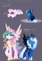 Size: 1920x2769 | Tagged: safe, artist:magnaluna, imported from derpibooru, princess celestia, princess luna, alicorn, pony, :p, alternate universe, baby, baby pony, cewestia, crown, cute, cutelestia, duo, female, filly, headcanon, jewelry, lunabetes, magic, magic circle, mare, question mark, raspberry, regalia, royal sisters, siblings, silly, sisters, summoning, summoning circle, tongue out, twin sisters, twins, weapons-grade cute, woona, younger