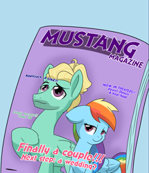 Size: 2321x2699 | Tagged: safe, artist:chedx, imported from derpibooru, rainbow dash, zephyr breeze, pegasus, pony, commission, cropped, female, gossip, implied wedding, magazine, magazine cover, male, mare, shipping, smiling, stallion, straight, zephdash