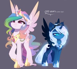 Size: 2444x2186 | Tagged: safe, artist:magnaluna, imported from derpibooru, princess celestia, princess luna, alicorn, pony, alternate universe, cropped, crown, female, hoof shoes, jewelry, mare, peytral, regalia, royal sisters, siblings, simple background, sisters, twin sisters, twins