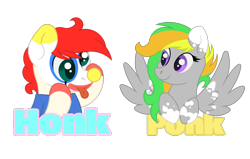 Size: 2837x1800 | Tagged: safe, artist:ponkus, imported from derpibooru, oc, oc only, oc:jester jokes, oc:odd inks, earth pony, pegasus, pony, badge, clown, con badge, cute, female, funny face, male, mare, stallion